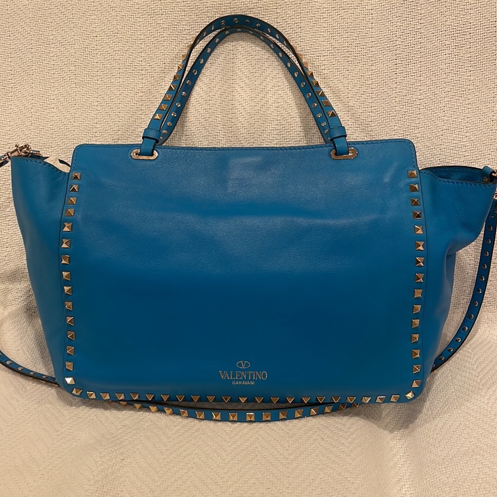 VALENTINO GARAVANI Rockstud leather tote bag, NWT, turquoise w/ silver hardware
